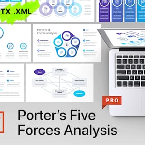 Könnte beinhalten: Eine PowerPoint-Präsentationsvorlage mit einem blauen und violetten Farbschema. Die Vorlage ist für eine Porter's Five Forces Analysis konzipiert. Die Vorlage enthält eine Vielzahl von Diagrammen und Grafiken, darunter einen fünfzackigen Stern mit fünf Kreisen, die jeweils eine andere Kraft repräsentieren. Die Vorlage enthält auch ein Diagramm eines Diamanten mit vier Kreisen, die jeweils eine andere Kraft repräsentieren. Die Vorlage ist mit "Porter's Five Forces Analysis" und "PRO" beschriftet.