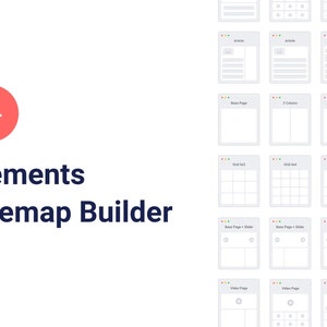 May include: A visual representation of 84 website elements for building a sitemap. The elements include different layouts for articles, base pages, grids, and video pages.