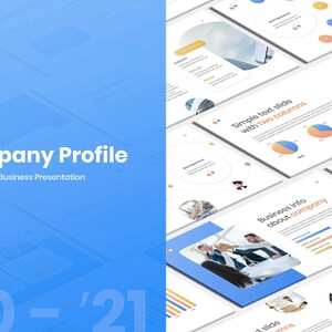 Peut inclure: Un modèle de présentation de profil d'entreprise bleu et blanc avec un design simple et des accents colorés. Le modèle comprend des diapositives de texte, des graphiques et des images. Le texte "Profil de l'entreprise" et "Présentation professionnelle" sont affichés sur la diapositive de couverture.