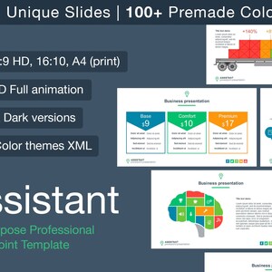 Puede incluir: Una plantilla de PowerPoint llamada "Assistant" con un fondo azul y texto blanco. La plantilla presenta más de 200 diapositivas únicas, más de 100 temas de color prefabricados y está disponible en los formatos 4:3, 16:9 HD, 16:10 y A4 (impresión). La plantilla también incluye versiones claras y oscuras y animación completa en 16:9 HD.