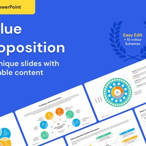 May include: A PowerPoint presentation template with 20 unique slides for creating a value proposition. The template features a variety of charts, diagrams, and tables, including a value proposition builder framework, a value comparison matrix template, and a creating a value proposition slide. The template is easy to edit and includes 10 colour schemes.