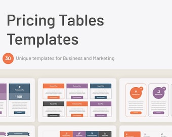 May include: A set of 30 PowerPoint templates for pricing tables. The templates feature different layouts and color schemes, including orange, purple, and blue. The text "Pricing Tables" and "30 Unique templates for Business and Marketing" is displayed at the top of the image.