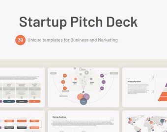 May include: A presentation deck with 30 unique templates for business and marketing, designed for PowerPoint. The deck features various diagrams, charts, and graphs, including a product pyramid, a sales process with solutions, a customer segmentation map, and a startup roadmap.