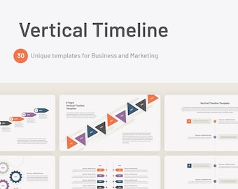 May include: A set of 30 PowerPoint templates for creating vertical timelines. The templates feature various shapes, colors, and styles, including arrows, gears, and hexagons. The text "Vertical Timeline" and "for PowerPoint" is displayed at the top of the image.