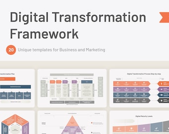 May include: A set of 20 PowerPoint templates for digital transformation, featuring various diagrams and charts. The templates are designed for business and marketing professionals. The title of the presentation is "Digital Transformation Framework".