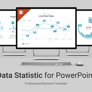 May include: Three computer monitors displaying data visualisations. The left monitor shows two bar charts with a percentage value and text. The middle monitor shows a line chart with data points labelled with numbers. The right monitor shows a circular chart with a number and text. The monitors are on a white surface with a keyboard and mouse. The text "Data Statistic for PowerPoint" is displayed below the monitors.