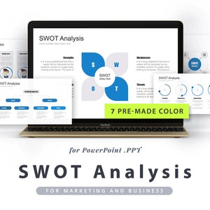 May include: A laptop computer displaying a presentation with the title "SWOT Analysis" and a graphic of a SWOT analysis diagram. The presentation also includes the text "7 Pre-Made Color" and "for PowerPoint .PPT".