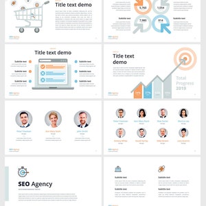 K&ouml;nnte beinhalten: Ein Pr&auml;sentations-Slide-Deck mit einem hellblauen, orangen und grauen Farbschema. Das Slide-Deck tr&auml;gt den Titel "SEO Agency" und zeigt Symbole im Zusammenhang mit Online-Marketing, wie z. B. einen Einkaufswagen, einen Laptop und ein Ziel. Das Slide-Deck enth&auml;lt auch Diagramme und Grafiken sowie ein Team von Personen.