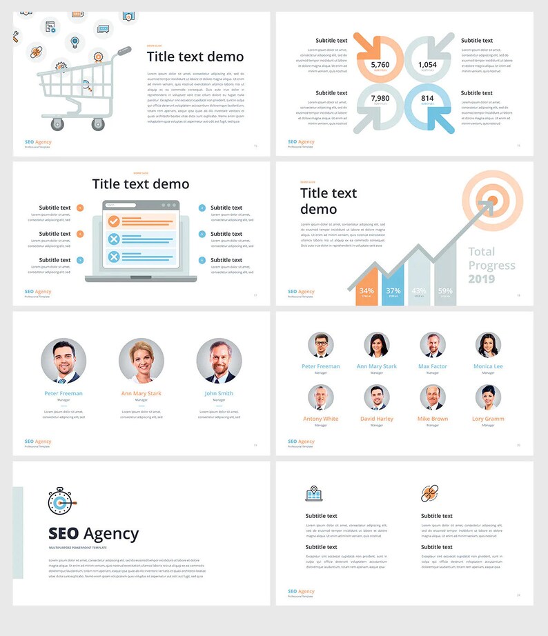 K&ouml;nnte beinhalten: Ein Pr&auml;sentations-Slide-Deck mit einem hellblauen, orangen und grauen Farbschema. Das Slide-Deck tr&auml;gt den Titel "SEO Agency" und zeigt Symbole im Zusammenhang mit Online-Marketing, wie z. B. einen Einkaufswagen, einen Laptop und ein Ziel. Das Slide-Deck enth&auml;lt auch Diagramme und Grafiken sowie ein Team von Personen.