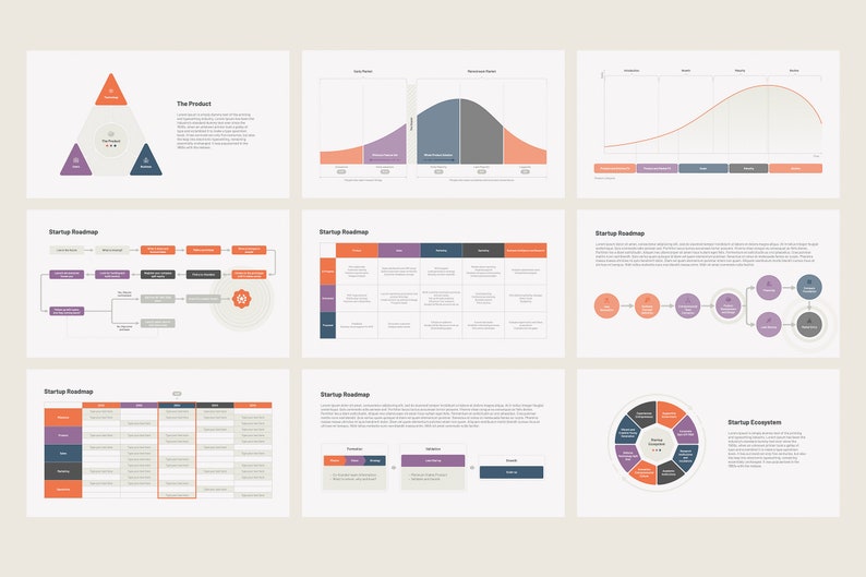 Peut inclure: Un ensemble de neuf diapositives avec diff&eacute;rents graphiques et diagrammes pour une feuille de route de d&eacute;marrage. Les diapositives comprennent un triangle avec trois sections, une courbe en cloche, un graphique lin&eacute;aire, un organigramme, un tableau, une chronologie et un diagramme circulaire.
