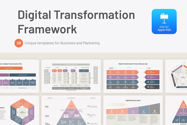 May include: A digital transformation framework with 20 unique templates for business and marketing. The templates are designed for Apple MAC users.