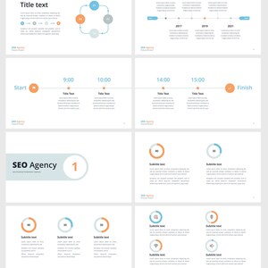 K&ouml;nnte beinhalten: Ein Pr&auml;sentationsfoliensatz mit dem Titel "SEO Agency" und einem blauen und orangenen Farbschema. Der Foliensatz enth&auml;lt eine Zeitleiste, ein Flussdiagramm und ein Kreisdiagramm.