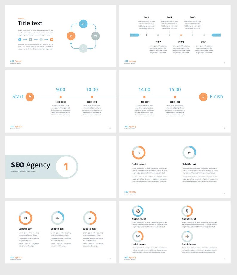 K&ouml;nnte beinhalten: Ein Pr&auml;sentationsfoliensatz mit dem Titel "SEO Agency" und einem blauen und orangenen Farbschema. Der Foliensatz enth&auml;lt eine Zeitleiste, ein Flussdiagramm und ein Kreisdiagramm.