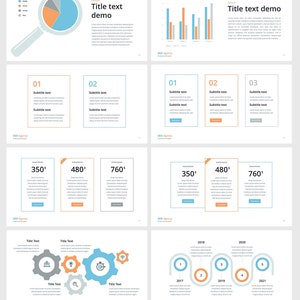 K&ouml;nnte beinhalten: Ein Pr&auml;sentationsfoliensatz mit einem blauen, orangen und grauen Kreisdiagramm, einer Lupe und einem Balkendiagramm. Der Foliensatz enth&auml;lt auch Textfelder mit den Titeln "Titeltext Demo", "Untertiteltext" und "350 &euro;".