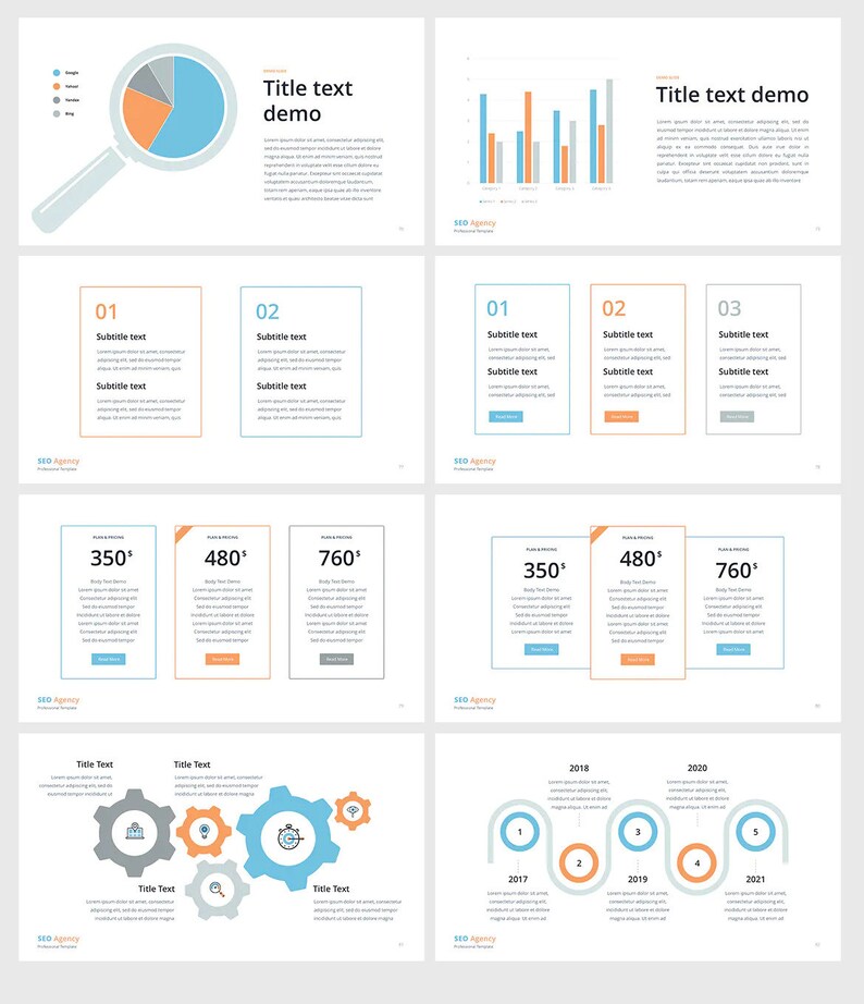 K&ouml;nnte beinhalten: Ein Pr&auml;sentationsfoliensatz mit einem blauen, orangen und grauen Kreisdiagramm, einer Lupe und einem Balkendiagramm. Der Foliensatz enth&auml;lt auch Textfelder mit den Titeln "Titeltext Demo", "Untertiteltext" und "350 &euro;".