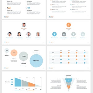 K&ouml;nnte beinhalten: Ein Foliensatz mit hellgrauem Hintergrund und blauen, orangen und grauen Akzenten. Die Folien enthalten Text, Diagramme und Grafiken zu SEO, Website-Performance und Marketing. Der Text enth&auml;lt die W&ouml;rter "Website 1", "Website 2", "Website 3", "Website 4", "Promotion", "Aufmerksamkeit", "Interesse", "Wunsch" und "Aktion".