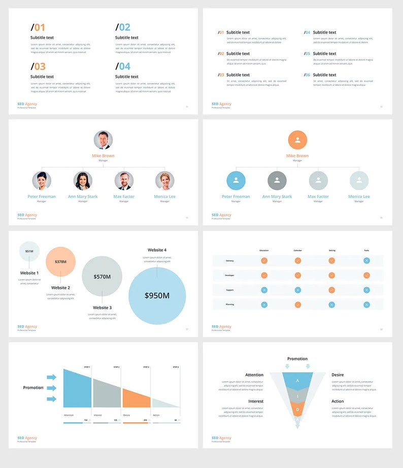K&ouml;nnte beinhalten: Ein Foliensatz mit hellgrauem Hintergrund und blauen, orangen und grauen Akzenten. Die Folien enthalten Text, Diagramme und Grafiken zu SEO, Website-Performance und Marketing. Der Text enth&auml;lt die W&ouml;rter "Website 1", "Website 2", "Website 3", "Website 4", "Promotion", "Aufmerksamkeit", "Interesse", "Wunsch" und "Aktion".