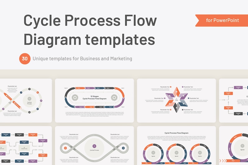 May include: A selection of cycle process flow diagram templates for PowerPoint. The image showcases diverse designs with circular, linear, and radial layouts. Text includes "Cycle Process Flow Diagram templates" and "30 Unique templates for Business and Marketing."