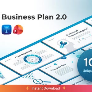 以下が含まれることがあります： 「Business Plan 2.0」と題されたデジタルプレゼンテーションテンプレート。100個のユニークなスライドが含まれています。デザインは青と白を基調とし、グラフィックと「Instant Download」のテキストが特徴です。1年間のロードマップスライドが含まれています。