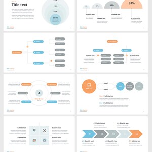 K&ouml;nnte beinhalten: Ein Pr&auml;sentationsfoliensatz mit einem hellblauen, grauen und orangenen Farbschema. Die Folien enthalten Diagramme, Grafiken und Schaubilder. Der Text auf den Folien enth&auml;lt die W&ouml;rter "Titeltext", "SEO-Agentur", "Untertitel", "Website", "SEO", "Soziale Medien", "ADV", "Schritt 1", "Schritt 2" und "91&nbsp;%".
