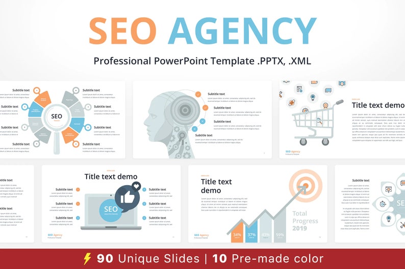 K&ouml;nnte beinhalten: Eine PowerPoint-Vorlage f&uuml;r SEO-Agenturen mit 90 einzigartigen Folien und 10 vorgefertigten Farbschemata. Die Vorlage bietet eine Vielzahl von Diagrammen, Grafiken und Symbolen im Zusammenhang mit SEO, darunter eine Lupe, ein Einkaufswagen und ein Ziel.
