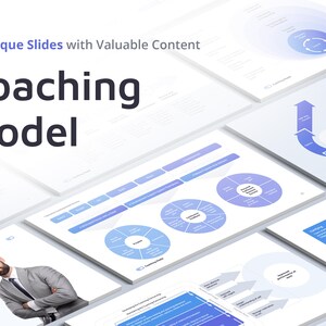 May include: A presentation slide deck titled "Coaching Model" containing 27 unique slides with valuable content. The slides feature various diagrams and charts related to coaching models, including a GROW model diagram and a coaching model diagram with four circles.