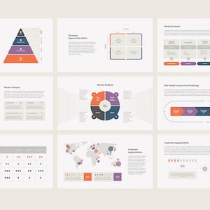 Peut inclure: Un jeu de diapositives de pr&eacute;sentation avec une vari&eacute;t&eacute; de graphiques et de diagrammes, y compris une pyramide, un diagramme de Venn et une carte du monde. Les graphiques sont dans des tons d'orange, de violet et de bleu. Le texte sur les diapositives est en noir.