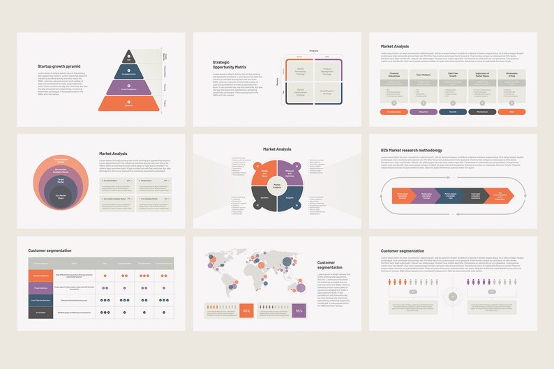 Peut inclure: Un jeu de diapositives de pr&eacute;sentation avec une vari&eacute;t&eacute; de graphiques et de diagrammes, y compris une pyramide, un diagramme de Venn et une carte du monde. Les graphiques sont dans des tons d'orange, de violet et de bleu. Le texte sur les diapositives est en noir.