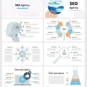 K&ouml;nnte beinhalten: Ein Pr&auml;sentationsfoliensatz mit einem blauen und orangen Farbschema. Die Folien zeigen Symbole und Text zum Thema SEO, darunter ein menschlicher Kopf mit Zahnr&auml;dern, eine Lupe, ein Laptop und ein Becherglas. Der Text auf den Folien umfasst "SEO Agency", "Untertiteltext", "SEO", "Projektstatus" und "Titeltext-Demo".