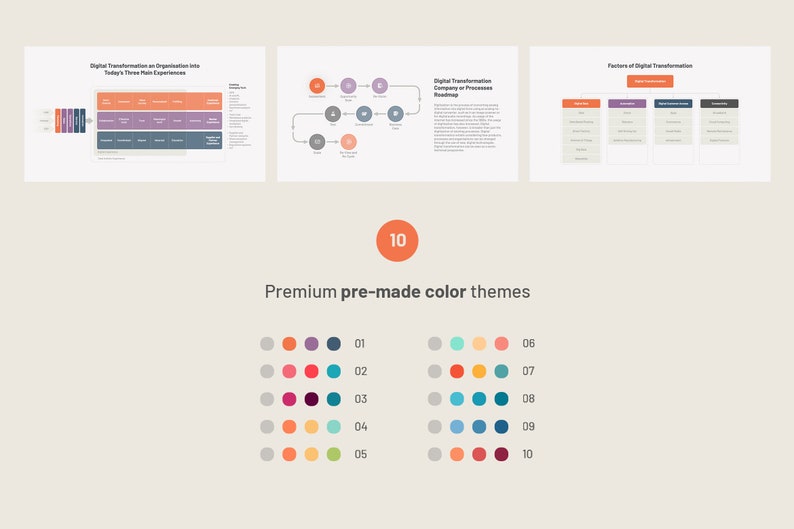 May include: Ten different color palettes for presentations, each with five colors. The palettes include a variety of colors, including red, orange, yellow, green, blue, purple, and gray.