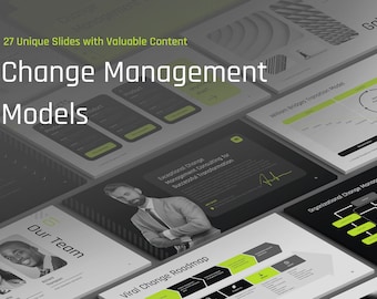 May include: A presentation slide deck with the title "Change Management Models" in large white text. The slides are in a dark grey colour with green accents and feature text and graphics related to change management. The slides are arranged in a 3D perspective.