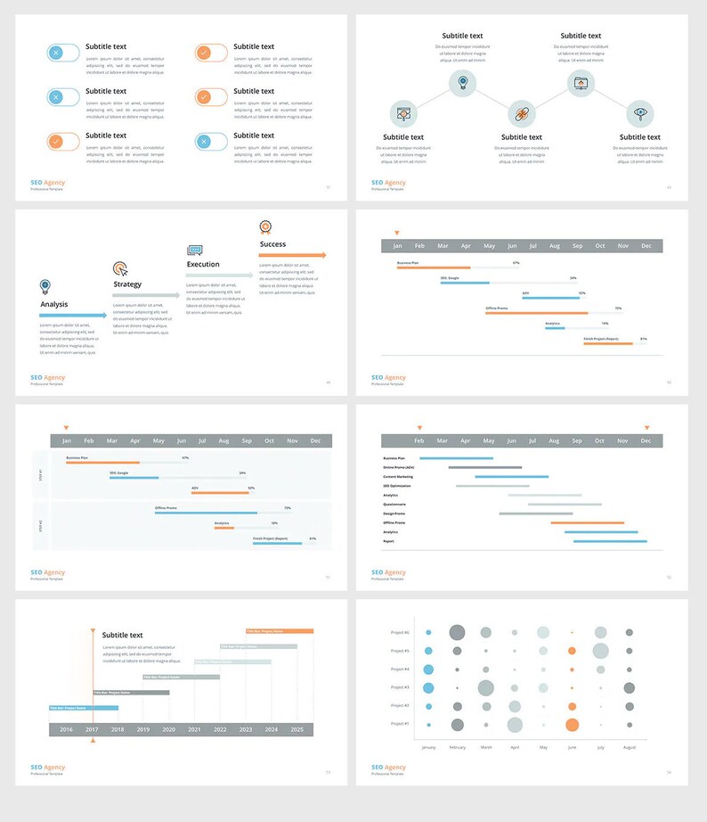 K&ouml;nnte beinhalten: Ein Pr&auml;sentations-Slide-Deck mit einem blauen und orangen Farbschema. Die Folien enthalten Diagramme, Grafiken und Diagramme, die sich auf SEO-Strategie, -Ausf&uuml;hrung und -Erfolg beziehen. Die Folien enthalten auch Text &uuml;ber SEO-Agenturdienstleistungen.