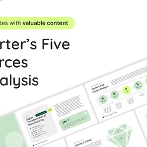 Peut inclure: Un jeu de diapositives de présentation avec le titre "Porter's Five Forces Analysis" et un schéma de couleurs vert et blanc. Les diapositives comprennent des diagrammes et du texte sur la transformation numérique de la fabrication, le modèle diamant et l'analyse des cinq forces de Porter.