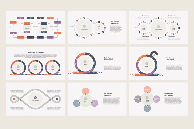 May include: Nine diagrams illustrating cycle process flow. The diagrams use circles, arrows, and text boxes to represent steps in a process. Colours include orange, purple, grey, and blue. The diagrams are on a white background.