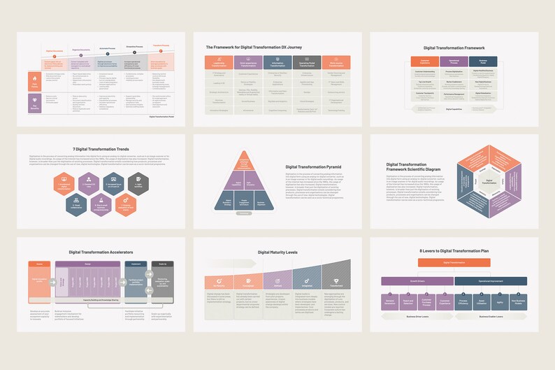 May include: A digital transformation framework infographic with nine slides. The slides include a timeline, a pyramid, a hexagon, a table, and a line graph. The slides are all in a light gray color scheme with pink, purple, and blue accents.