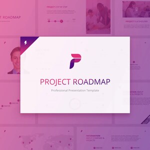 May include: A pink and purple presentation template with the text "PROJECT ROADMAP" and a stylized letter "P" logo. The template is designed for professional presentations and includes a variety of slides with different layouts and graphics.