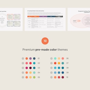 May include: Ten different color palettes for presentations, each with five colors. The palettes include a variety of colors, including red, orange, yellow, green, blue, purple, and gray.