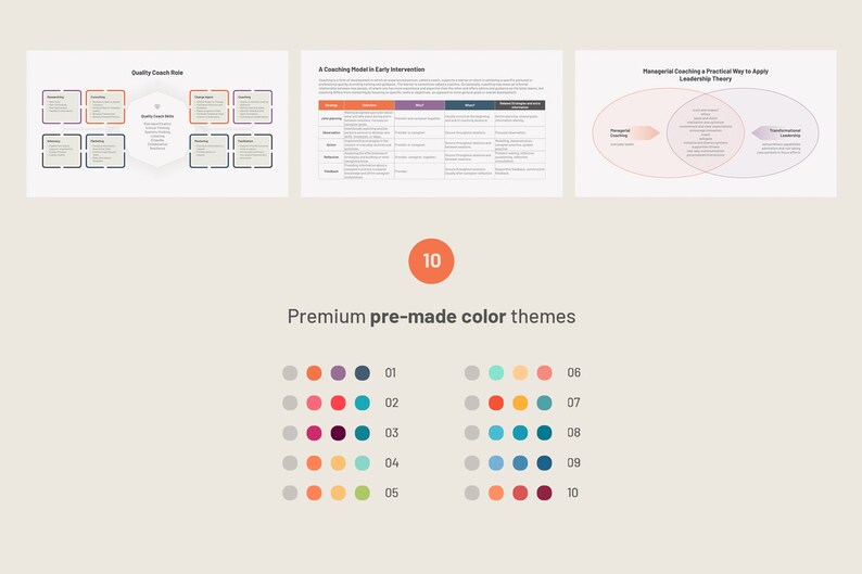 May include: Ten different color palettes for presentations, each with five colors. The palettes include a variety of colors, including red, orange, yellow, green, blue, purple, and gray.