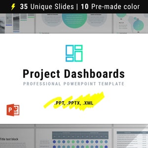 Op de afbeelding: Een witte presentatieslide met een blauw en groen pictogram van een raster. De tekst "Project Dashboards" staat in zwart. De tekst "PROFESSIONAL POWERPOINT TEMPLATE" staat in grijs. De tekst ".PPT, PPTX, .XML" staat in geel. De dia is onderdeel van een grotere presentatie met 35 unieke dia's en 10 vooraf gemaakte kleuropties.