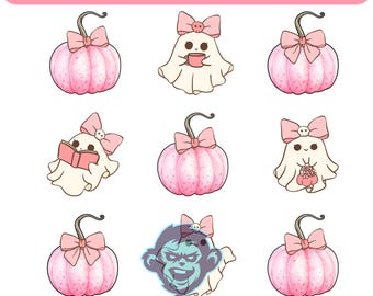 Pink Halloween Ghost & Pumpkin PNG: Kawaii Clipart for Sublimation (Digital Download)