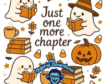 幽霊が本を読んでいるPNG画像｜ハロウィン昇華プリント、不気味な季節（デジタルダウンロード）