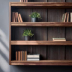May include: A wooden bookshelf with four shelves, each containing books and potted plants. The shelves are made of dark wood with a natural grain pattern.