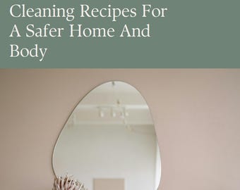 May include: An organically shaped mirror hangs on a wall, reflecting a room with a neutral colour scheme. A vase with a dried flower is positioned below the mirror. Text reads "A DIY LOW TOX GUIDE" and "Natural Skincare & Cleaning Recipes For A Safer Home And Body".