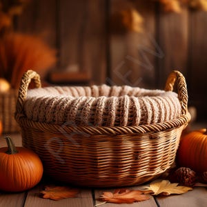May include: A woven wicker basket with a knitted interior, perfect for a newborn photoshoot. The basket is surrounded by pumpkins, fall leaves, and a wooden background, creating a warm, autumnal scene.