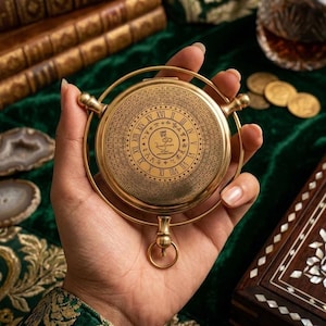 May include: A gold-colored, circular compass with Roman numerals and intricate detailing. The compass is held in a hand and has a ring for hanging. The background includes books, coins, and a green velvet surface, suggesting a vintage or antique theme.