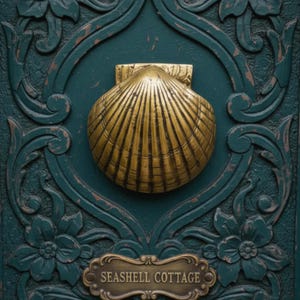May include: A teal door featuring a gold seashell door knocker and a brass nameplate reading "Seashell Cottage." The door is decorated with carved floral and scrollwork details.