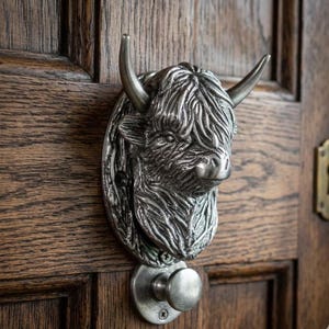 Puede incluir: Un llamador de puerta plateado con forma de cabeza de vaca de las Highlands. El llamador está montado en una puerta de madera e incluye un mango redondo debajo de la cabeza de la vaca. La vaca tiene pelo y cuernos detallados.