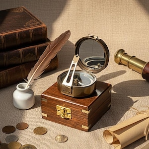 May include: A brass compass with a mirror, on a wooden box with brass details. A quill pen sits in a white inkwell, with old books and coins. A rolled parchment and a telescope are also visible in the image.