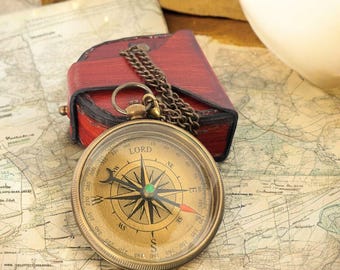 Personalized Nautical Gift Engraved Brass Compass with Leather Case