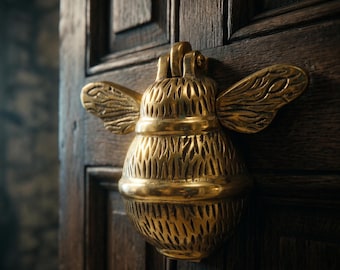 May include: A polished brass door knocker shaped like a bumblebee with textured wings and a rounded body, mounted on a dark brown wooden door. The metal surface reflects light, highlighting the carved details on the insect's wings and abdomen.